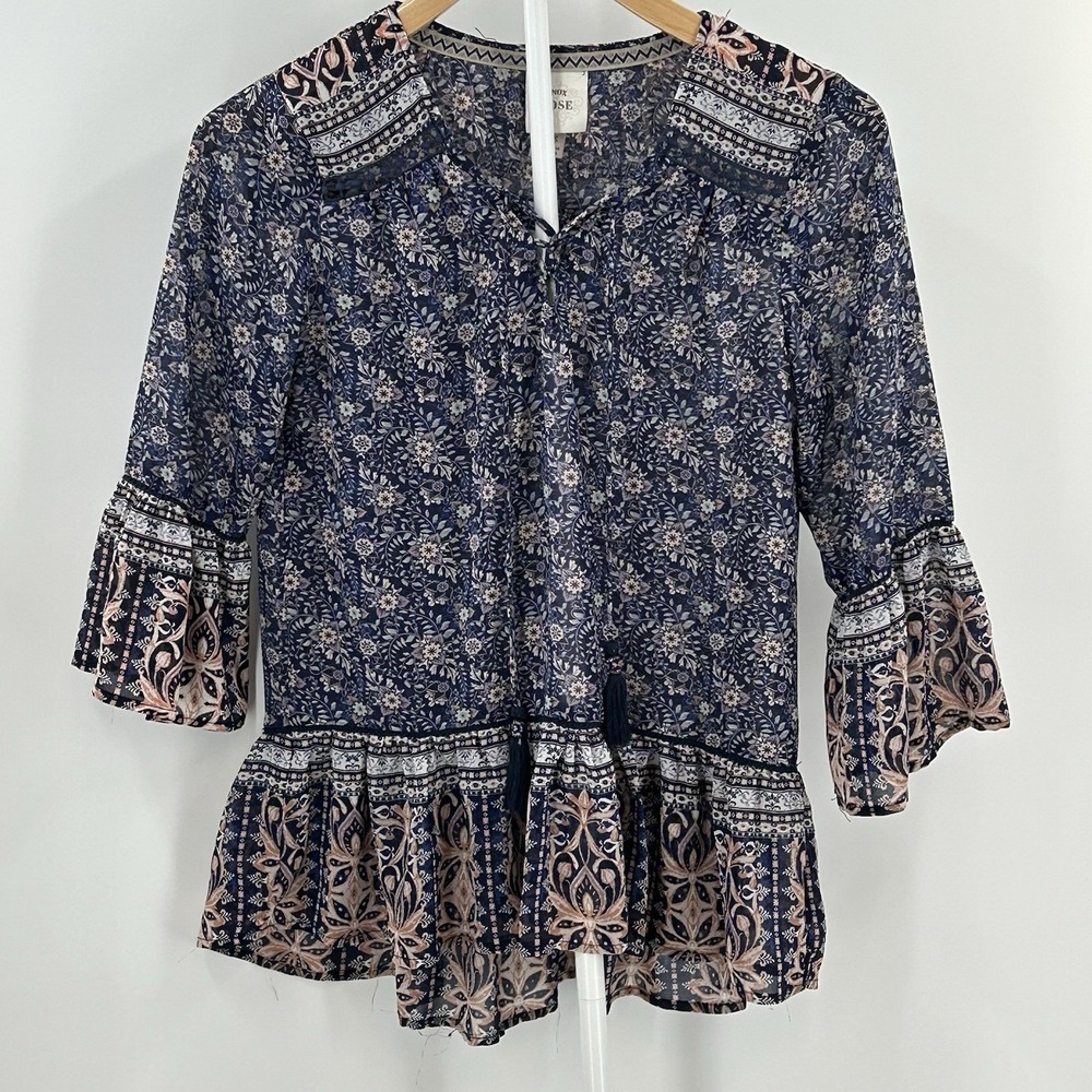 Knox Rose Boho Floral Peplum Top XS Cottagecore Festival Blouse Tassel Tie - Picture 2 of 9